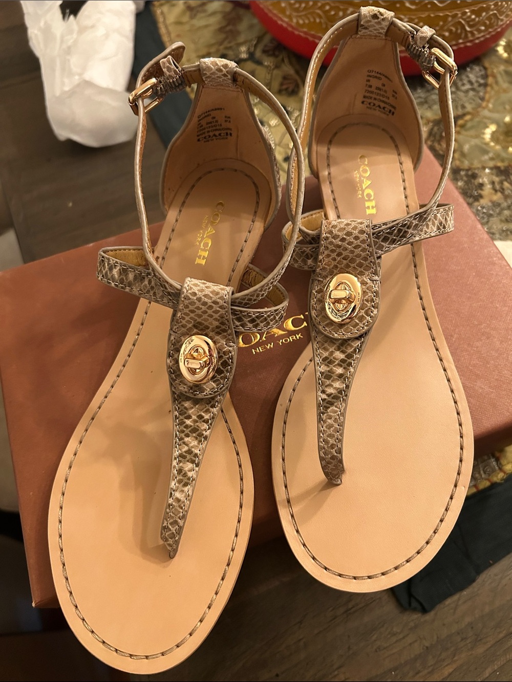 COACH Taupe Snake-Print T-Strap Sandals with Gold Turnlock